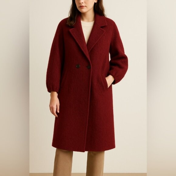 Cleo Petites Burgundy Oversized Wool-Blend Knee-Length Cocoon Coat — Size S/P - Picture 1 of 9